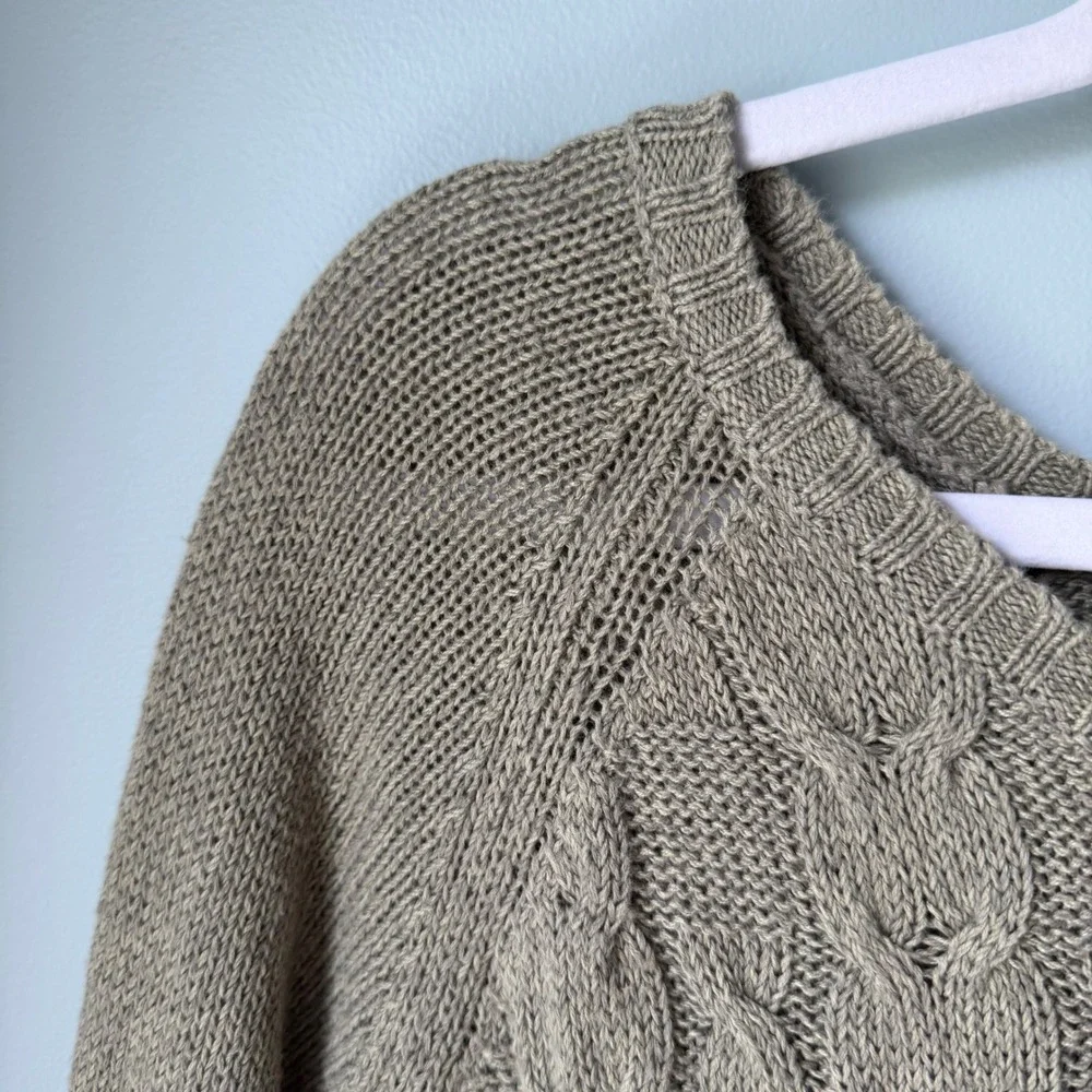 Talbots Petite Linen Cotton Blend Cable Knit Sweater Taupe Pullover Large Petite
